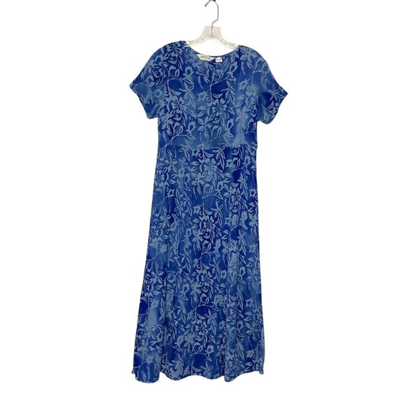 Vintage Orvis Womens Blue Floral Crinkle Rayon Midi Dress Sz Large Short Sleeves - Picture 5 of 5